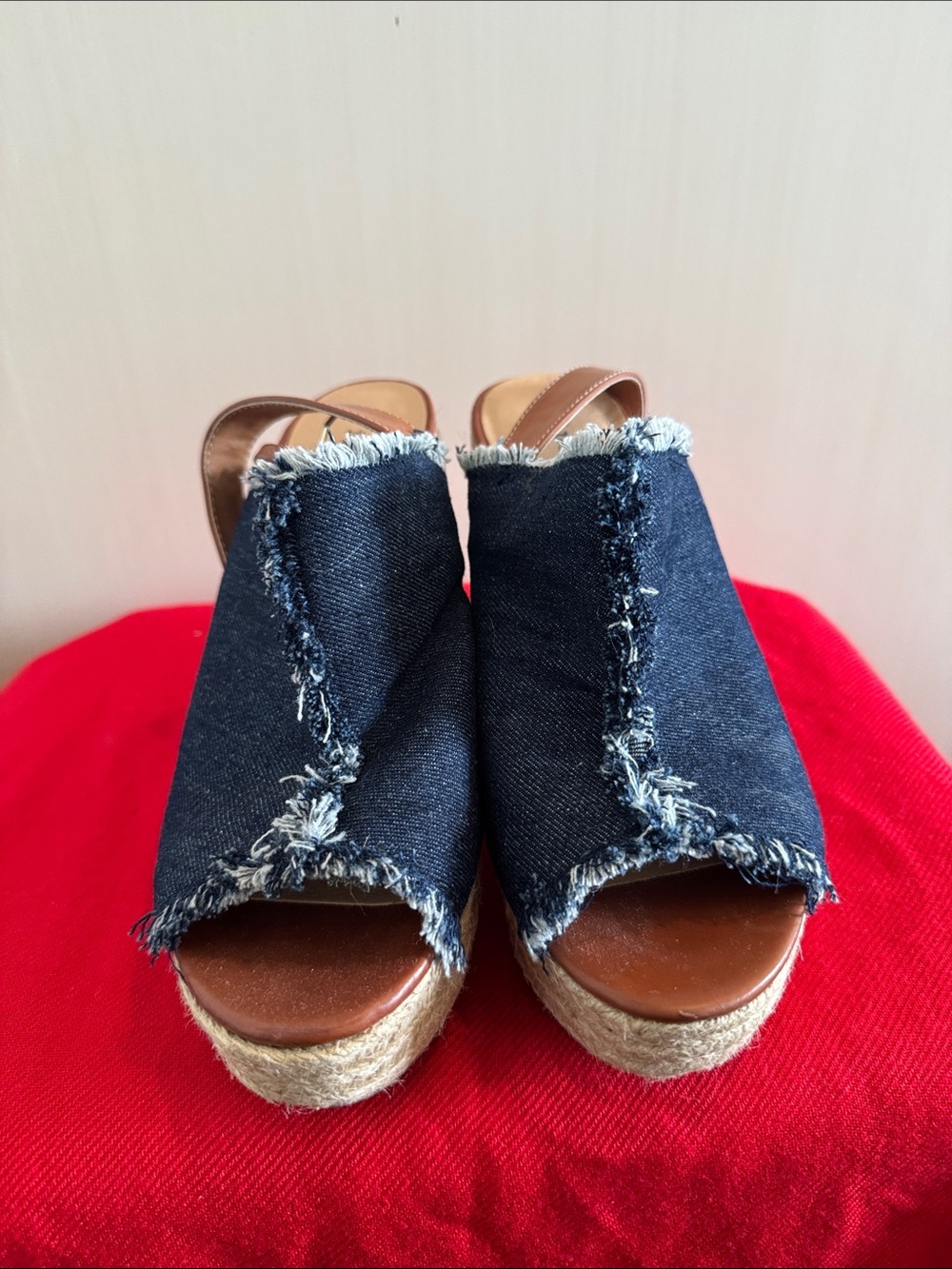 Indigo Denim Frayed Peep-Toe Platform Wedge Sandals - Blue
